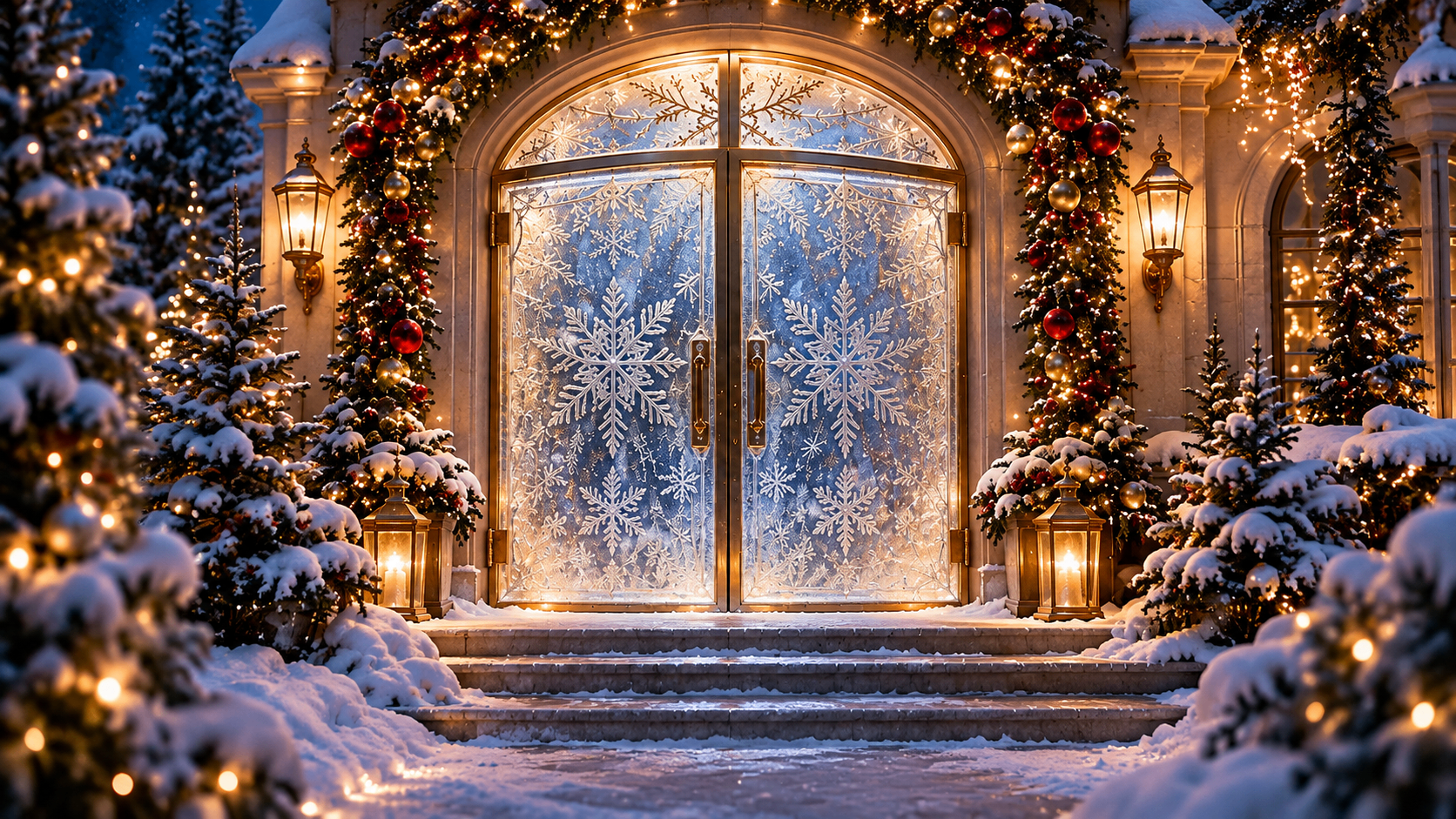 Snow-covered mansion with frosted snowflake doors